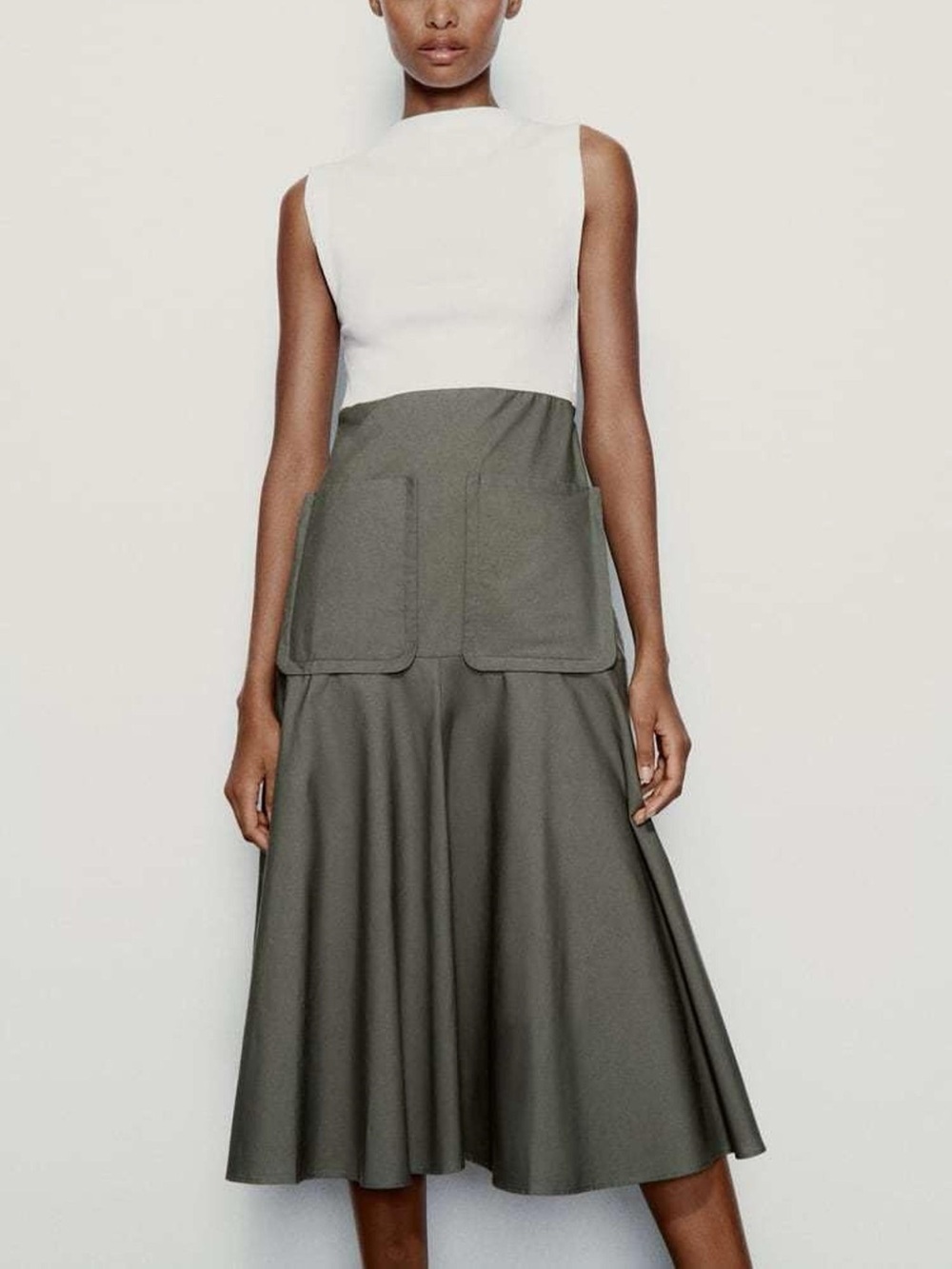 Zara Olive Green White Ribbed Midi Dress Front Pockets Cotton Stretch L